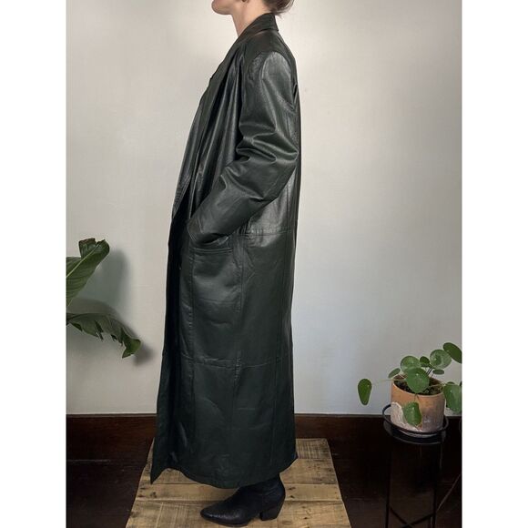 Vintage Leather Trench by Fitz Wright, Dark Green Longline 90s Matrix Style Coat - Picture 2 of 15